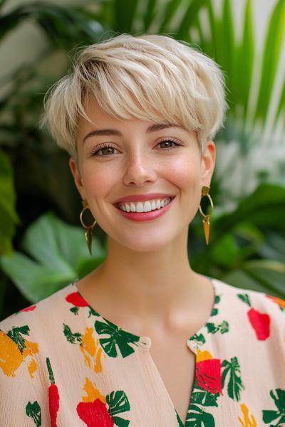 A person with a short, undercut pixie haircut featuring layered, textured, blonde hair, smiling and standing in front of greenery.