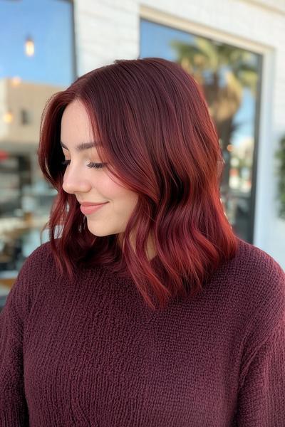 A woman with shoulder-length, wavy, burgundy dark red hair is shown, beautifully complementing her matching burgundy sweater.