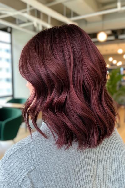 A person with shoulder-length, wavy, burgundy dark red hair styled in loose waves, seen from the back.