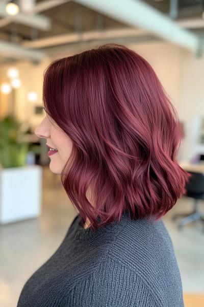 A person with shoulder-length, wavy dark red burgundy hair styled in soft curls.