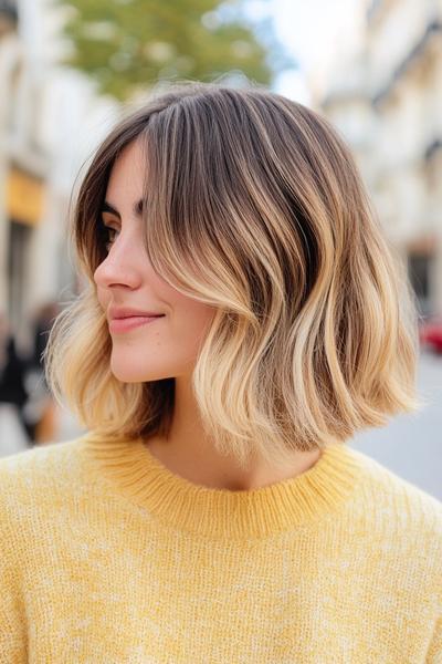 A woman with a short, wavy bob hairstyle featuring dark roots that blend seamlessly into blonde highlights.