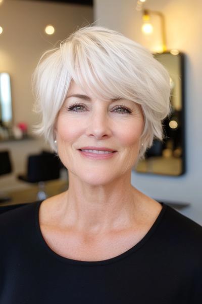 An elderly woman with short, layered silver hair styled in a side-swept fringe, wearing a black top and smiling slightly.