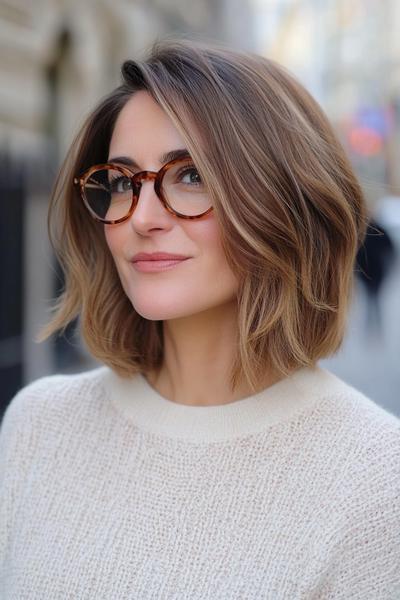 A woman with shoulder-length, layered, light brown hair styled in a soft, voluminous bob.