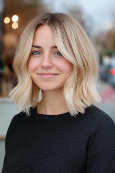 A woman with light ash blonde, shoulder-length, wavy hair parted in the middle, wearing a black sweater.