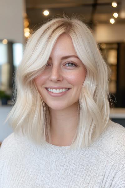 A woman with light ash blonde, shoulder-length, wavy hair smiles, wearing a light-coloured sweater.