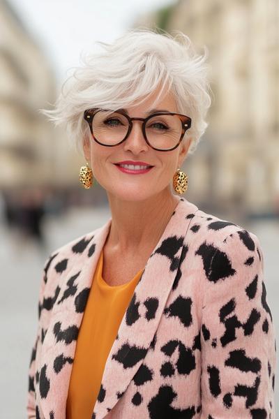 An elderly woman with short, white, wavy hair styled in a modern, layered cut, wearing fashionable glasses and a stylish animal print jacket.