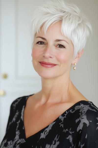 A woman with short, white, layered hair and side-swept bangs, styled in a wash-and-wear fashion.