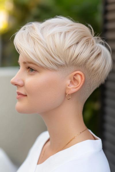 A woman with a blonde undercut pixie hairstyle is shown from the side, showcasing the short, tapered back and sides contrasted with longer, layered hair on top.