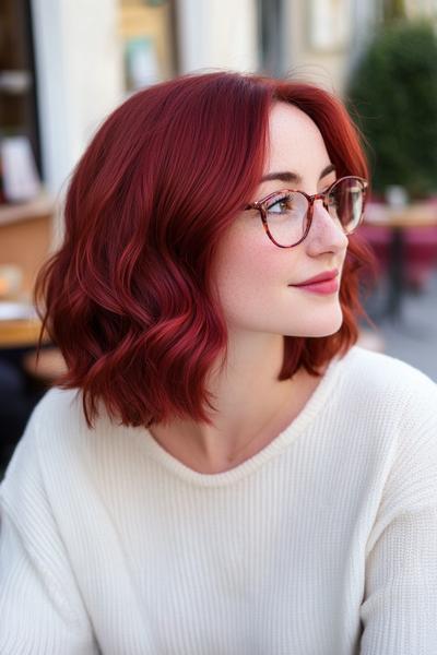 A woman with wavy, shoulder-length, dark red burgundy hair wearing glasses and a white sweater.