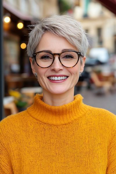 An older woman with short, silver pixie cut hair and black glasses, wearing a mustard yellow turtleneck jumper and smiling outdoors.