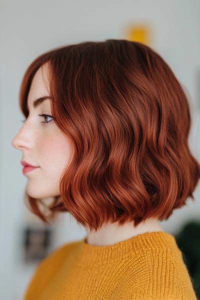 Profile of a woman with dark auburn, wavy, shoulder-length hair wearing a mustard-coloured top.