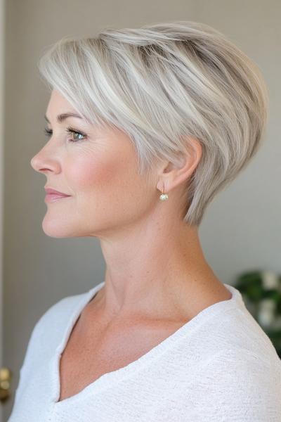 This image depicts a woman with a short, choppy hairstyle suitable for those over 70, featuring layers and a side-swept fringe.