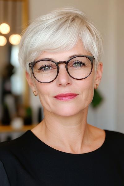 An older woman with short, white, neatly styled pixie cut hair and wearing black-framed glasses.