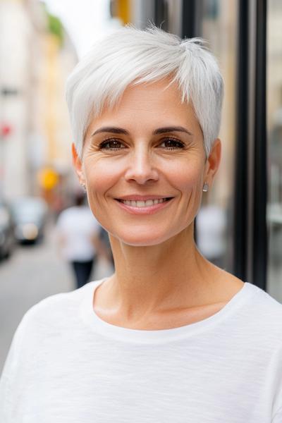 A woman with a stylish short, choppy silver hairstyle, giving a modern and youthful appearance.