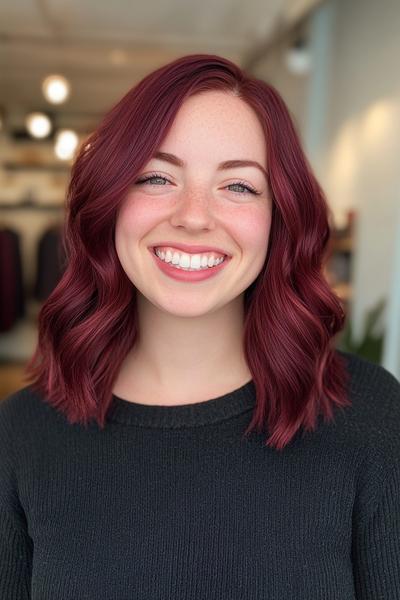 A person with burgundy dark red, wavy shoulder-length hair smiling, wearing a black top in a well-lit indoor setting.