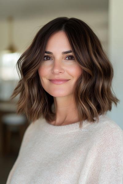 A woman with dark chocolate brown, shoulder-length, wavy hair wearing a light-coloured top.