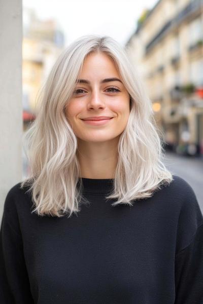 A woman with shoulder-length light ash blonde hair styled in loose waves smiles in an outdoor urban setting.