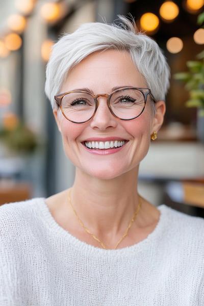 An older lady with glasses smiling and showcasing a stylish grey pixie cut, paired with a white top and gold jewellery.