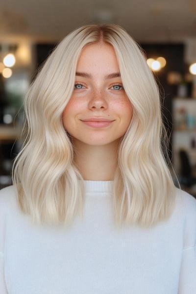 A woman with a light ash blonde hair colour styled in soft, loose waves, wearing a white top.