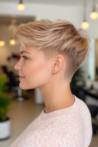 A woman with a blonde undercut pixie hairstyle, featuring longer, textured hair on top and closely shaved sides and back.