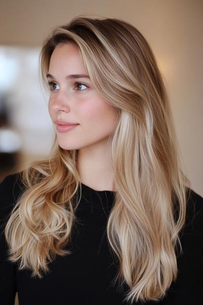 A woman with long, wavy blonde hair featuring subtle dark brown streaks.