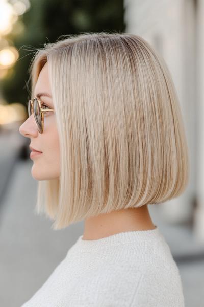 A woman with a sleek, straight blonde bob haircut wears sunglasses and a white sweater.