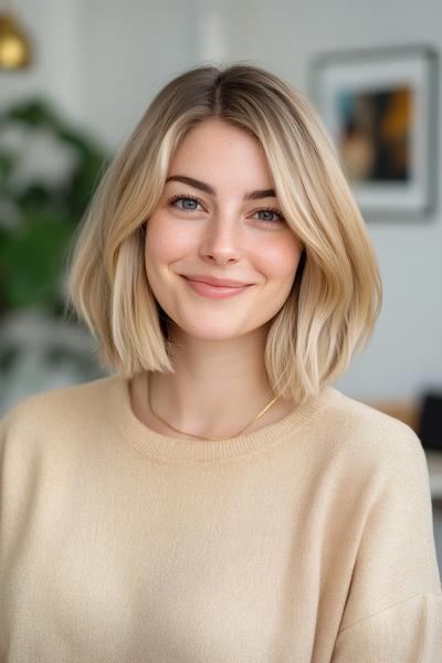 A woman with stylish blonde bob haircut smiles warmly while wearing a beige sweater.