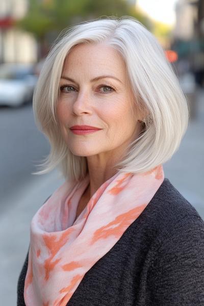 A woman with medium-length, layered, silver hair styled in a sleek bob, complemented by a soft pink scarf.