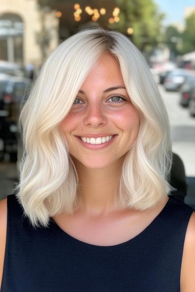 A woman with a light ash blonde hair colour styled in a wavy, shoulder-length bob, smiles outdoors.