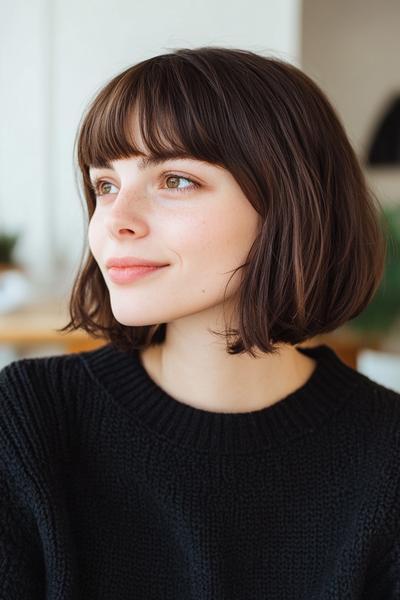 A woman with a sleek bob hairstyle featuring a fringe, wearing a black knitted jumper.