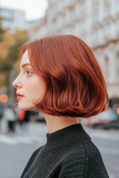 A young woman with dark auburn hair styled in a sleek, chin-length bob is shown in an outdoor urban setting.