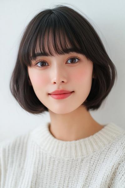 A woman with a dark, straight bob haircut featuring a full fringe and subtle waves, wearing a light-coloured sweater.