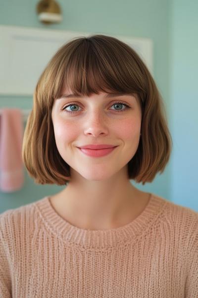 A woman with a classic bob hairstyle featuring a full fringe, wearing a light pink sweater in a softly lit room.