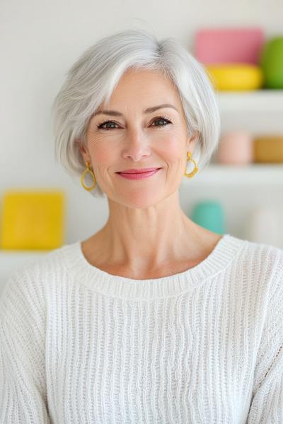 A stylish woman over 50 with a short, layered silver bob haircut, wearing a cosy white sweater and yellow hoop earrings.