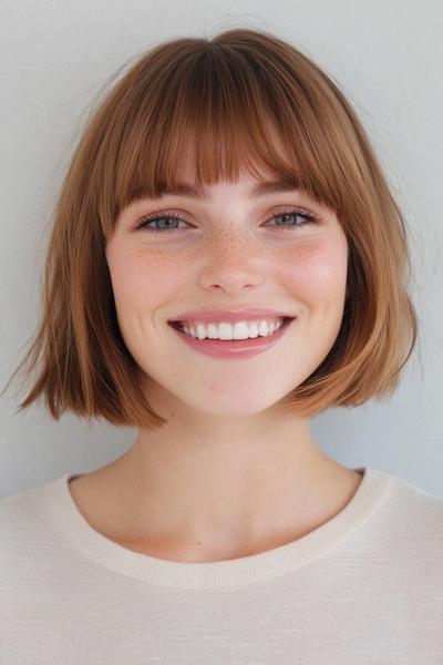 A woman with a bob hairstyle featuring a fringe, showcasing straight, chin-length hair and a soft, natural look.