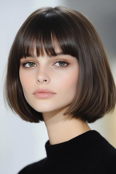 A woman with a sleek, dark brown bob hairstyle, complemented by a full fringe.