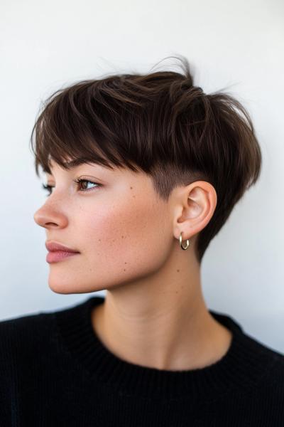 A person with an undercut pixie haircut, featuring short sides and back with longer, tousled hair on top.