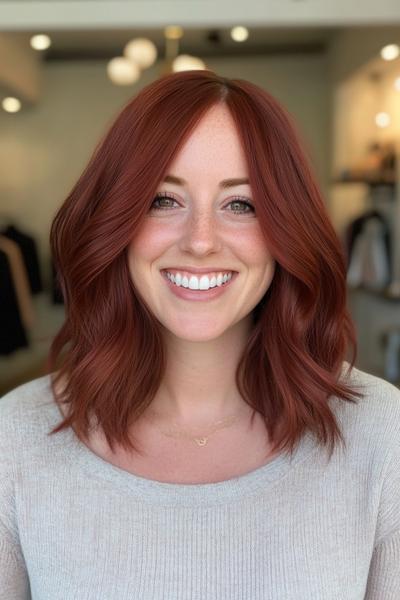 A woman with shoulder-length, wavy, burgundy dark red hair styled in soft, loose waves, complemented by a side parting.