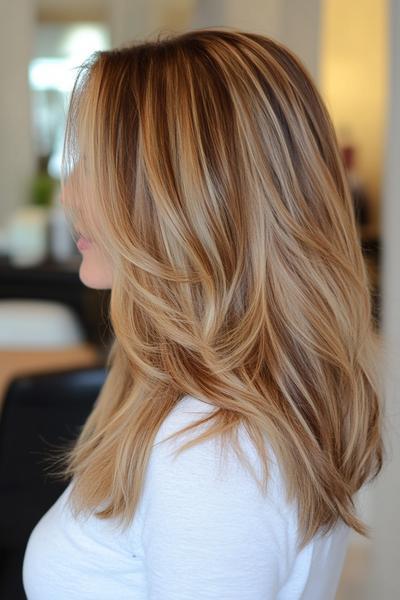 Blonde hair with dark brown streaks, featuring voluminous, layered waves.