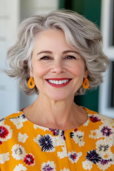 A cheerful woman with short, wavy grey hair styled in a voluminous, layered bob.