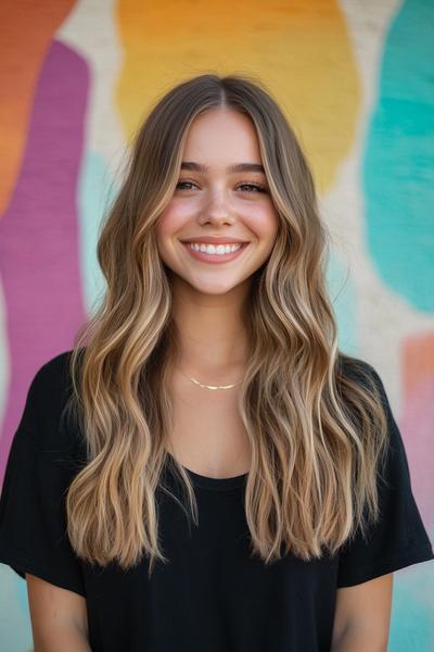 A woman with long, wavy hair and curtain bangs smiles against a colourful, abstract background.