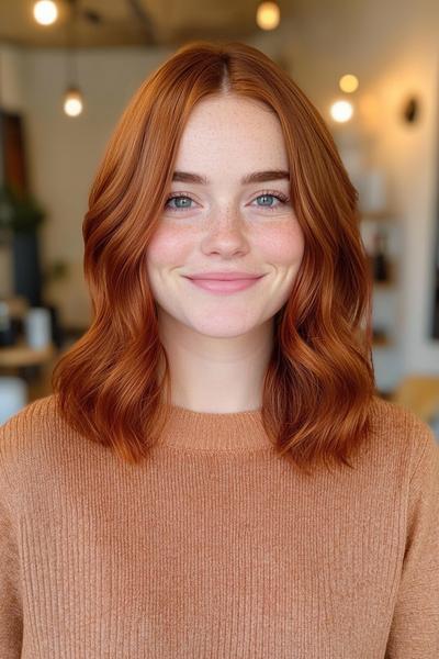 A woman with shoulder-length, wavy dark auburn hair styled in loose waves, wearing a beige knit sweater, smiles softly in a well-lit, modern interior setting.