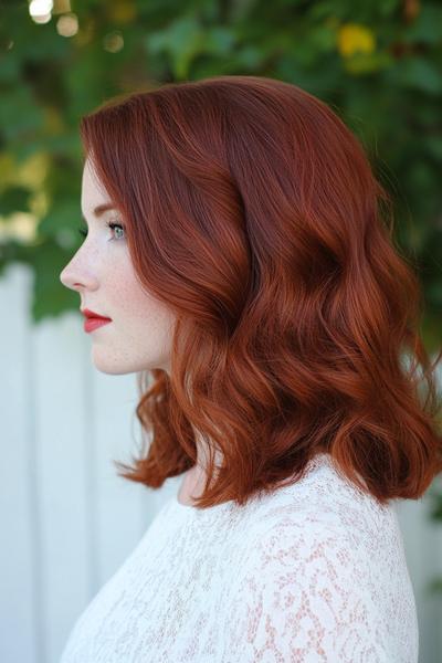 A woman with shoulder-length, dark auburn wavy hair is seen in a profile view against a green, leafy background.