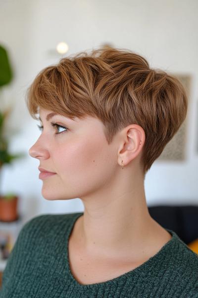 A woman with an undercut pixie hairstyle, featuring short, neatly layered hair on top and closely shaved sides and back.