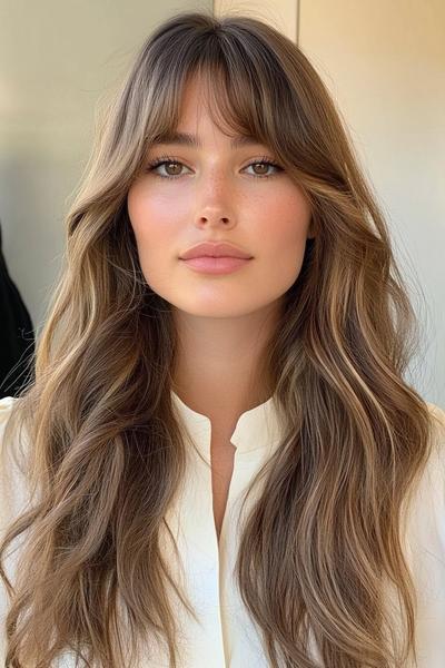 A woman with long, wavy hair and curtain bangs, creating a modern, stylish look.