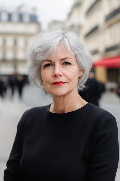 A woman with grey hair styled in a short, choppy cut with subtle waves, wearing a black outfit, and standing outdoors in an urban setting.