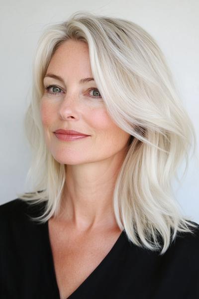 A mature woman with medium-length, layered, platinum blonde hair styled in soft waves.