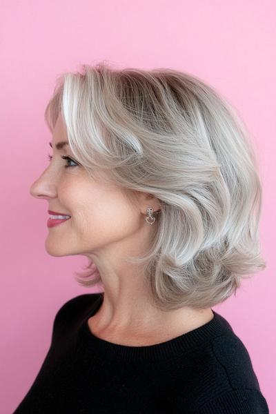 A side profile of a woman with shoulder-length, layered grey hair styled in soft waves.