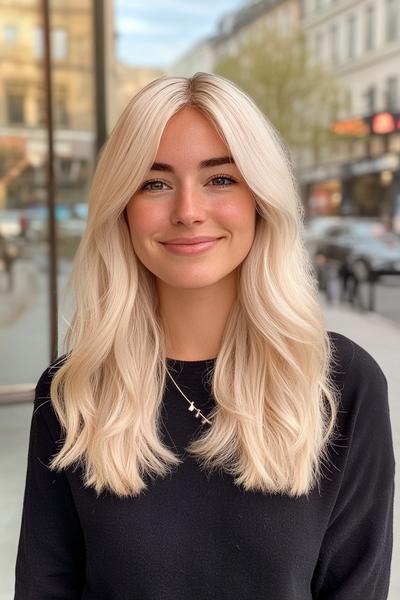 A woman with light ash blonde, shoulder-length hair styled in loose waves smiles against an urban backdrop.