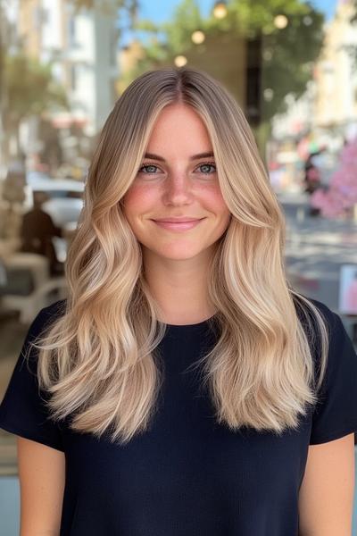 A woman with light ash blonde hair styled in soft, loose waves and a centre parting, wearing a black top, is smiling against an outdoor backdrop.